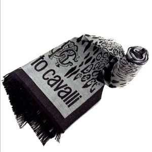 Roberto Cavalli Logo Animal Print Wool Blend Knit Scarf Grey / Black.never worn